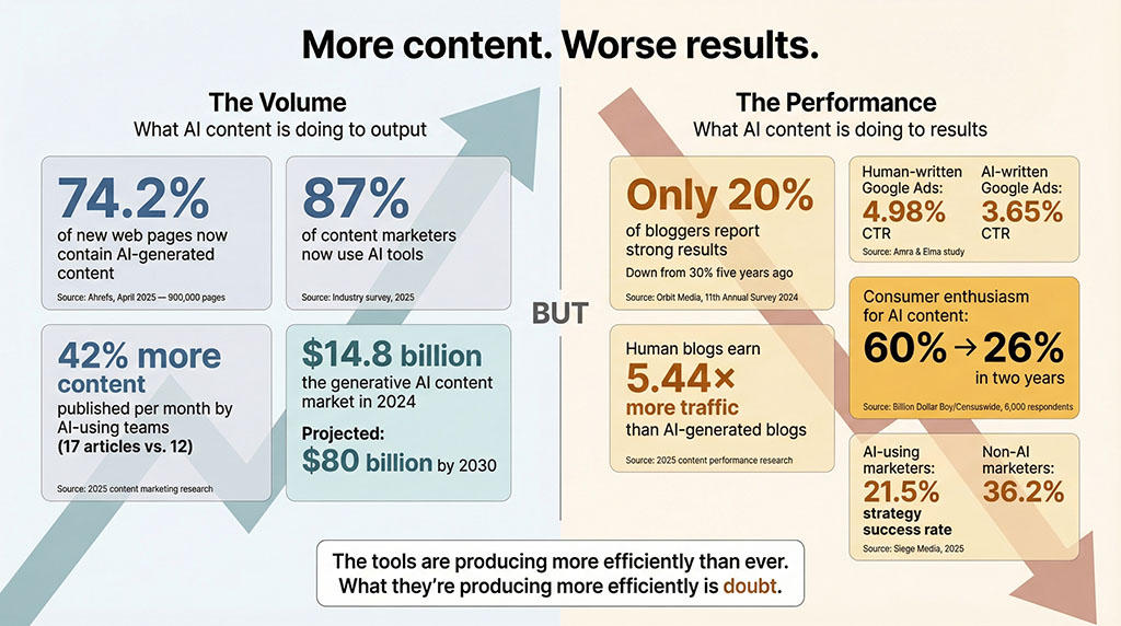 Two-column graphic showing AI content volume statistics rising on the left — 74% of web pages, 87% marketer adoption, 42% more output — against performance statistics falling on the right, including a drop in consumer enthusiasm from 60% to 26% and AI copy underperforming human copy on click-through rate and traffic by significant margins.