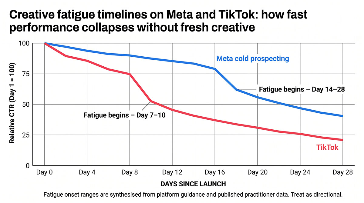 A line chart tracking relative click-through rate over 28 days for Meta and TikTok, showing TikTok performance declining first at around seven to ten days and Meta cold prospecting declining over two to four weeks, with the point most advertisers notice the drop marked well after it starts.