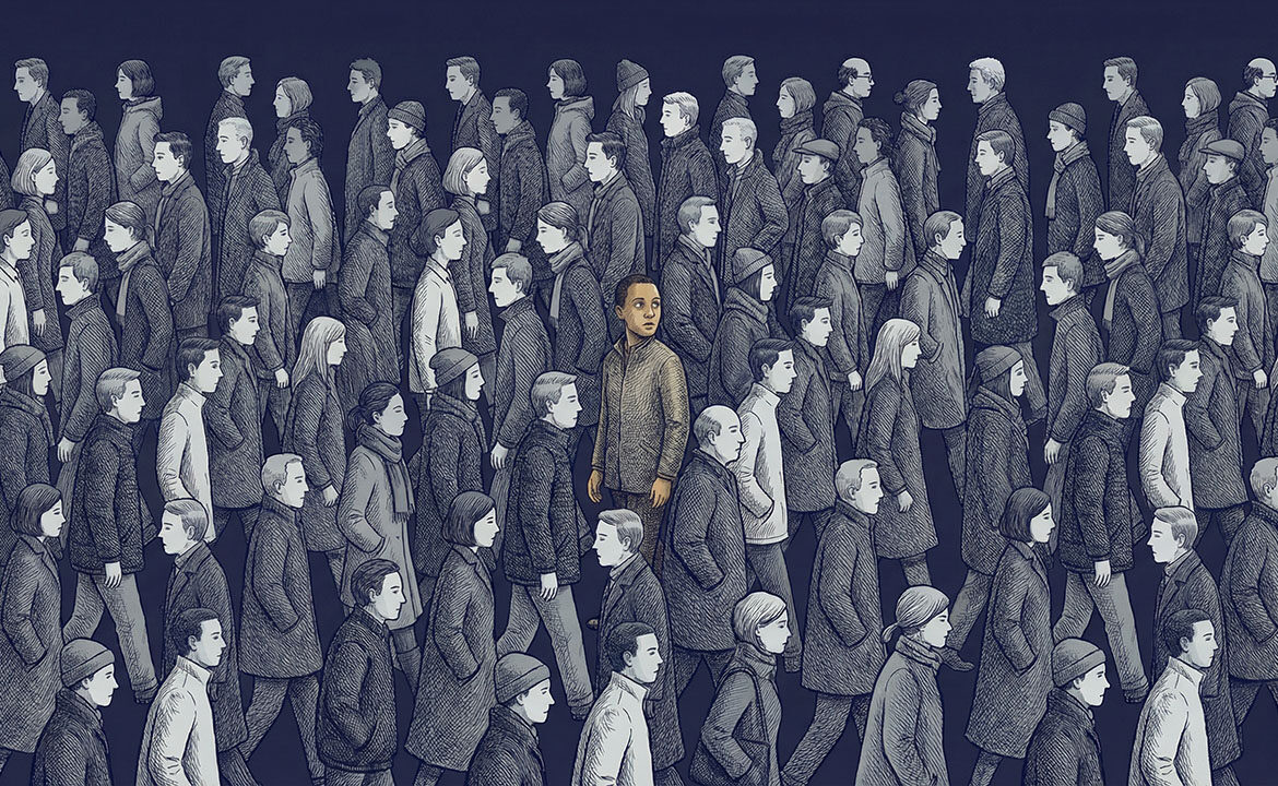 A crowd of people scanning and moving on, one single figure stopped and fully arrested, eyes locked — the difference between an ad that was delivered and an ad that got off the page.