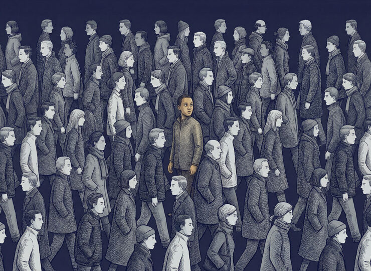 A crowd of people scanning and moving on, one single figure stopped and fully arrested, eyes locked — the difference between an ad that was delivered and an ad that got off the page.