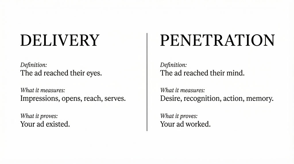 Two columns contrasting delivery — the ad reached their eyes — against penetration — the ad reached their mind.