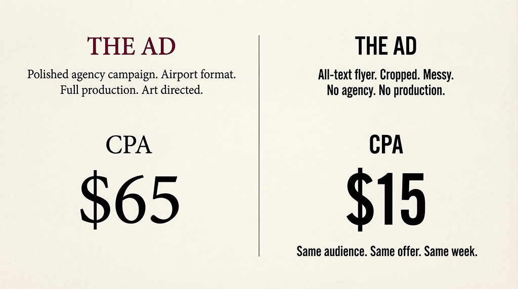 Before and after comparison — polished agency creative at $65 CPA versus broken text flyer at $15 CPA