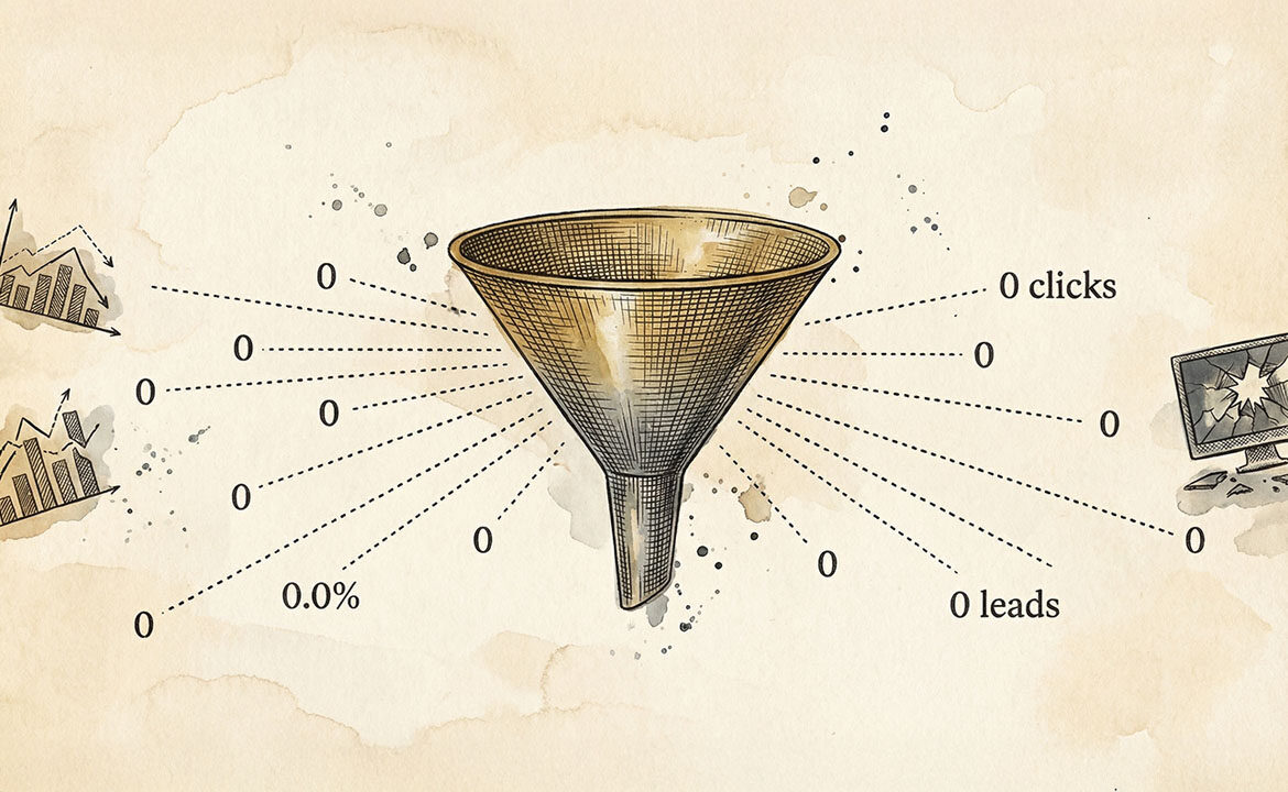 A single glowing funnel surrounded by scattered zero-conversion metrics, fading dashboard fragments, and dissolving campaign elements against a dark background — representing focused AI strategy versus unfocused mass production.