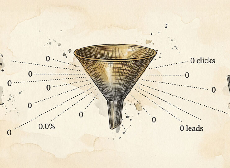 A single glowing funnel surrounded by scattered zero-conversion metrics, fading dashboard fragments, and dissolving campaign elements against a dark background — representing focused AI strategy versus unfocused mass production.