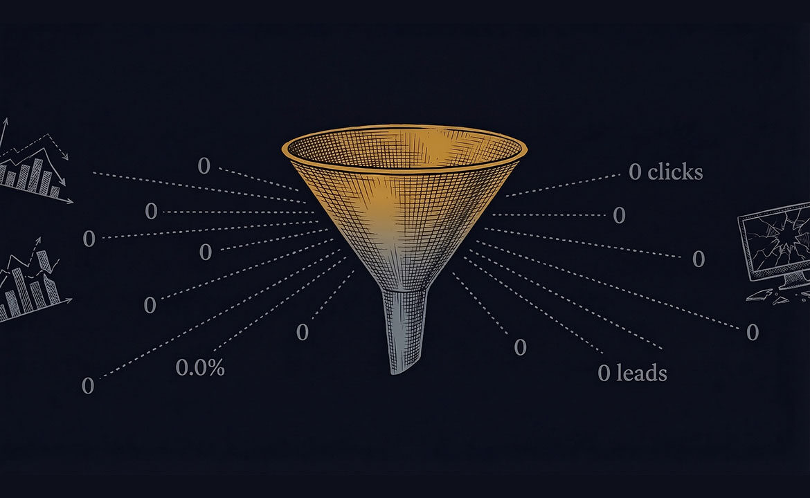 A single glowing funnel surrounded by scattered zero-conversion metrics, fading dashboard fragments, and dissolving campaign elements against a dark background — representing focused AI strategy versus unfocused mass production.