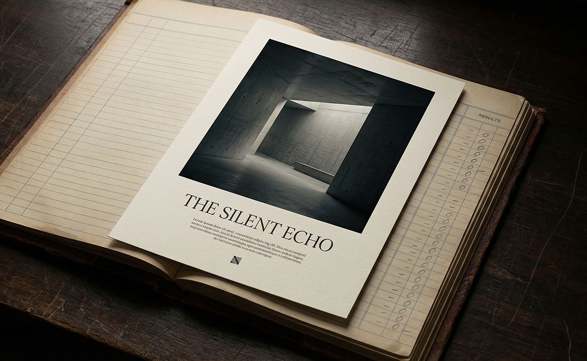 A flawlessly designed print advertisement lying on top of a sales ledger showing zero results