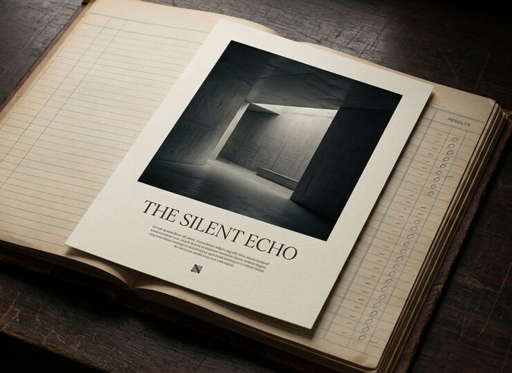 A flawlessly designed print advertisement lying on top of a sales ledger showing zero results