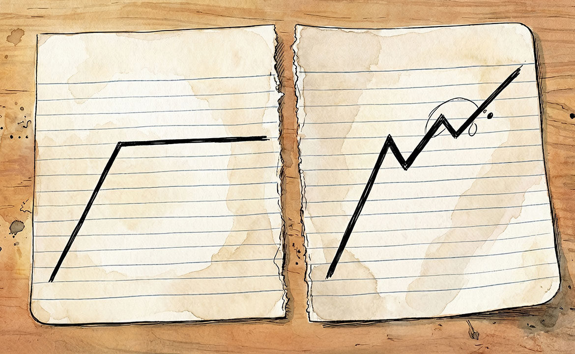 Two hand-drawn line graphs on paper: the left line rises then flattens into a long plateau; the right line rises then continues climbing unevenly upward — illustrating the difference between experience that plateaus and skill that keeps improving.