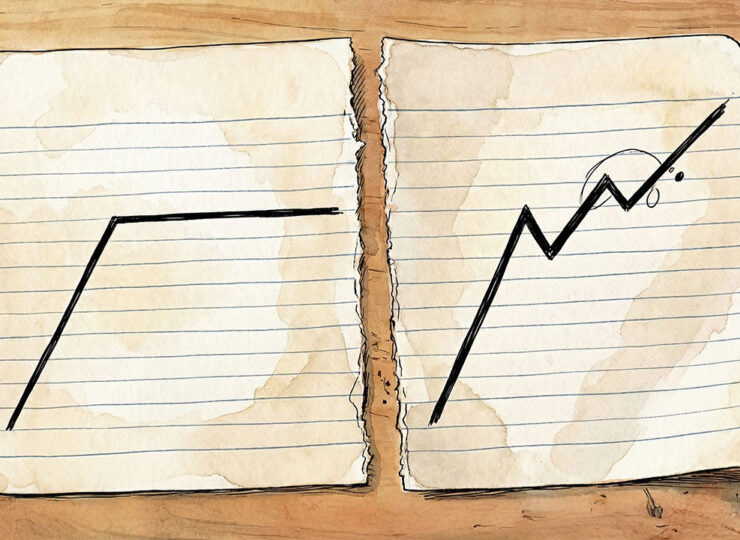 Two hand-drawn line graphs on paper: the left line rises then flattens into a long plateau; the right line rises then continues climbing unevenly upward — illustrating the difference between experience that plateaus and skill that keeps improving.