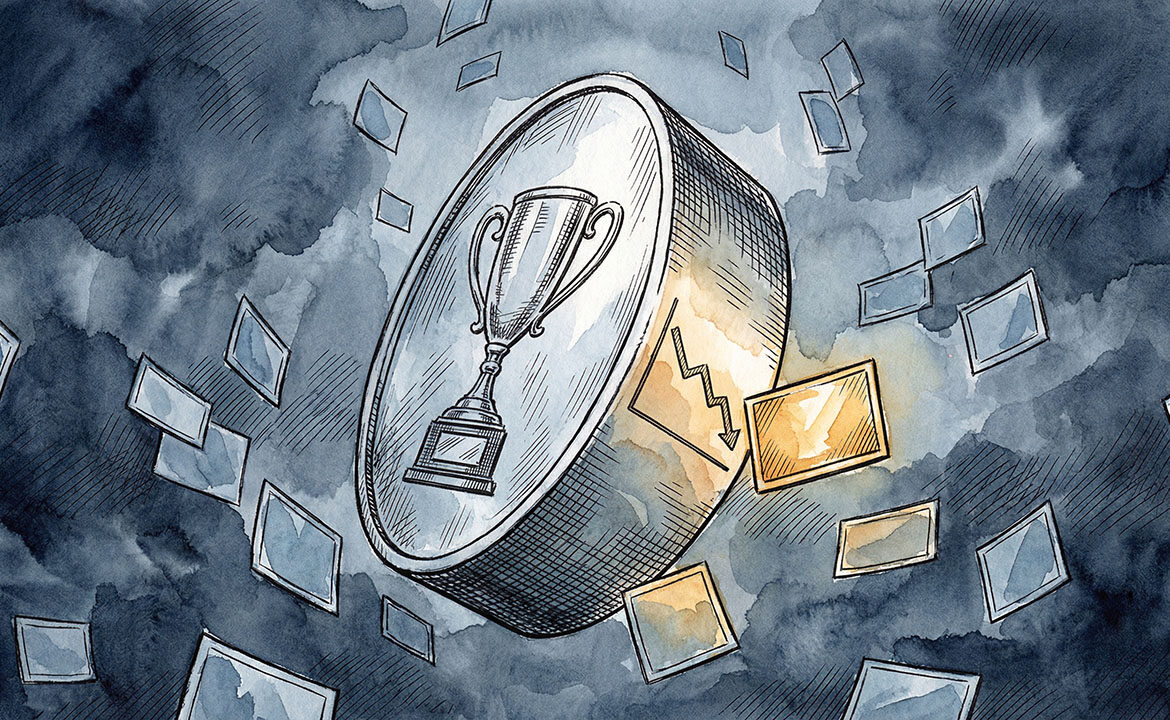 A coin mid-flip showing an award trophy on one face and a declining graph on the other, surrounded by dozens of fading ad creative frames drifting downward, rendered in ink and watercolor.