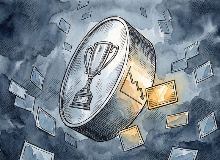 A coin mid-flip showing an award trophy on one face and a declining graph on the other, surrounded by dozens of fading ad creative frames drifting downward, rendered in ink and watercolor.