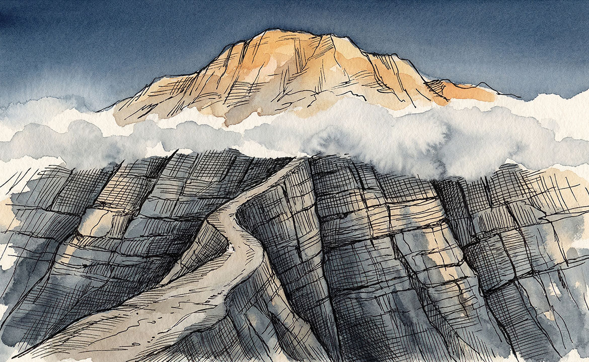 A mountain trail ending halfway up, summit clearly visible and unoccupied above — the gap between acceptable results and maximum results.