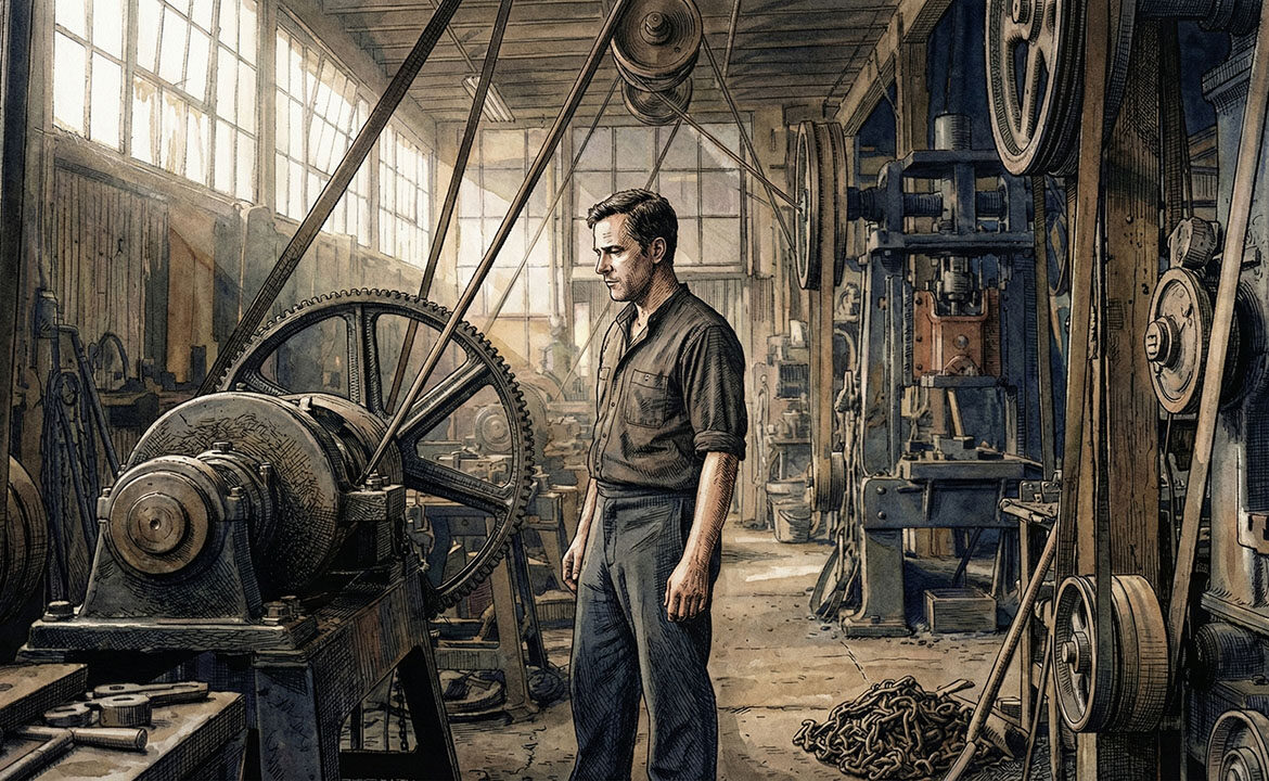 A man standing inside an industrial space, observing the details of the process around him — illustrating the idea of finding the story already present inside a business.