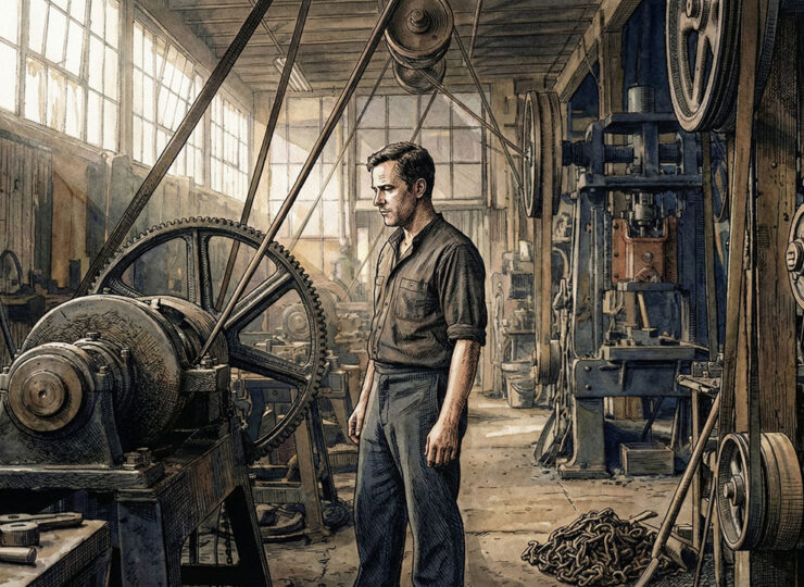 A man standing inside an industrial space, observing the details of the process around him — illustrating the idea of finding the story already present inside a business.