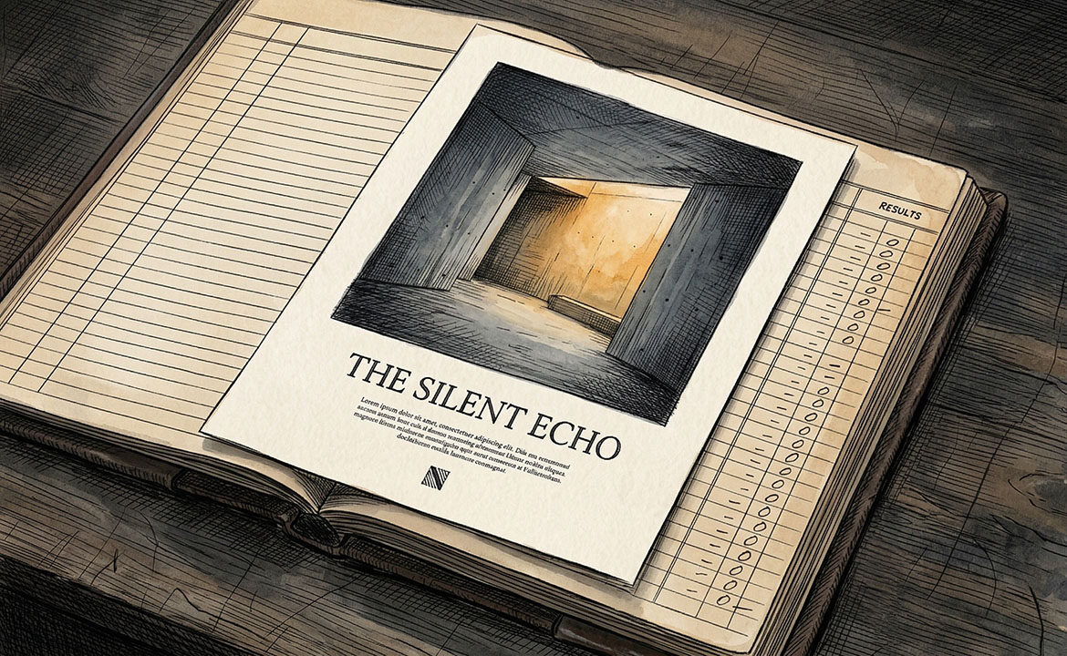 A flawlessly designed print advertisement lying on top of a sales ledger showing zero results