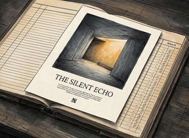 A flawlessly designed print advertisement lying on top of a sales ledger showing zero results