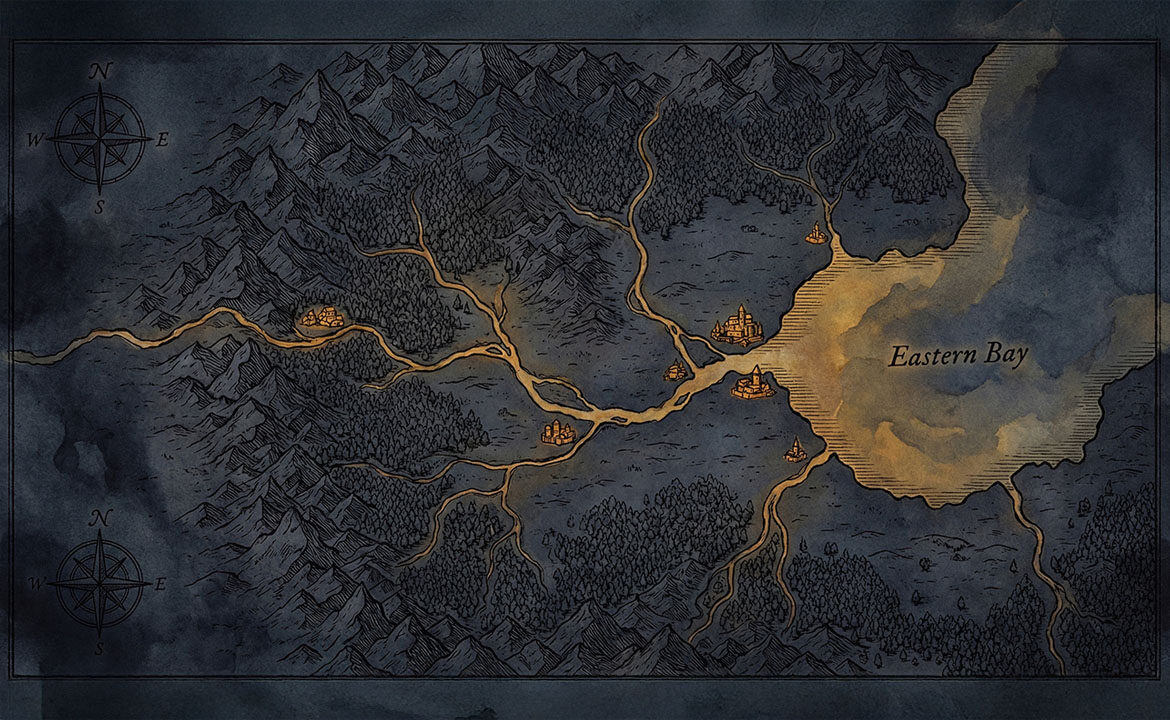 Close-up of an aged paper map: the left two-thirds filled with dense detailed markings showing settled territory, the right third bare paper, with a single small pencilled dot just past the edge of the mapped region — the first mark on unmapped ground.