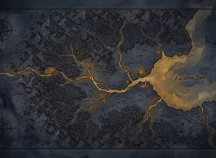 Close-up of an aged paper map: the left two-thirds filled with dense detailed markings showing settled territory, the right third bare paper, with a single small pencilled dot just past the edge of the mapped region — the first mark on unmapped ground.