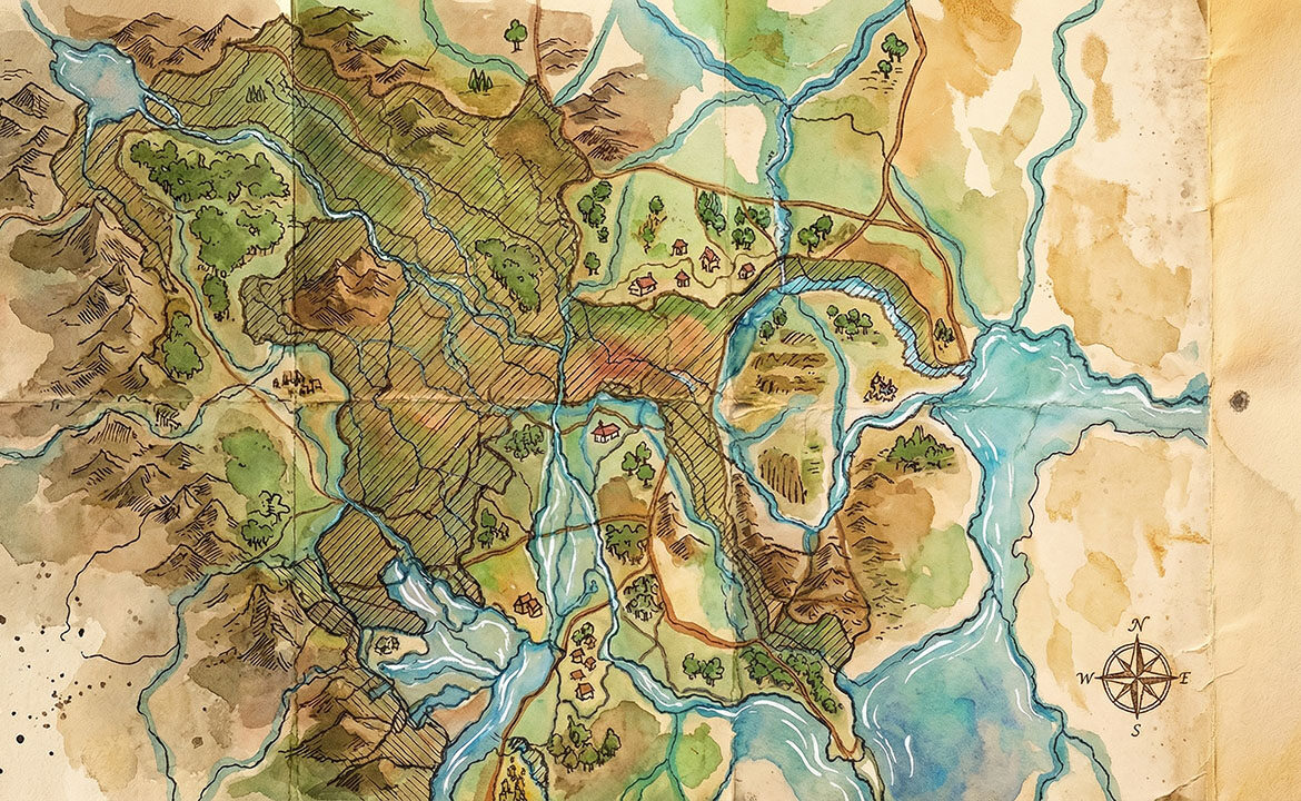 Close-up of an aged paper map: the left two-thirds filled with dense detailed markings showing settled territory, the right third bare paper, with a single small pencilled dot just past the edge of the mapped region — the first mark on unmapped ground.