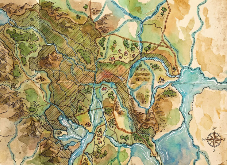Close-up of an aged paper map: the left two-thirds filled with dense detailed markings showing settled territory, the right third bare paper, with a single small pencilled dot just past the edge of the mapped region — the first mark on unmapped ground.