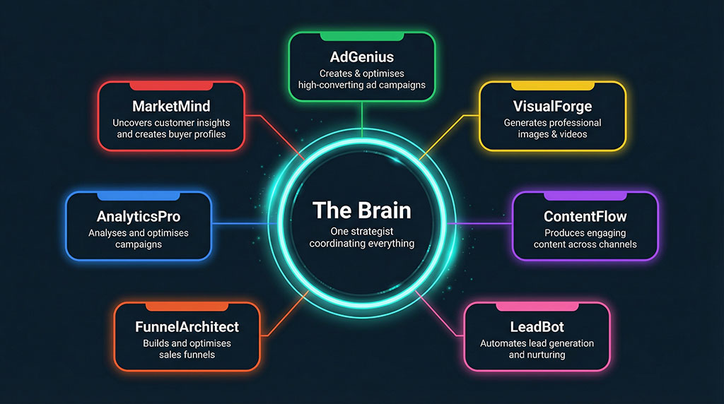 Diagram showing The Brain marketing intelligence hub with seven specialised AI agents — AdGenius, MarketMind, AnalyticsPro, FunnelArchitect, LeadBot, ContentFlow, and VisualForge — each handling a specific marketing function, coordinated by a central strategist
