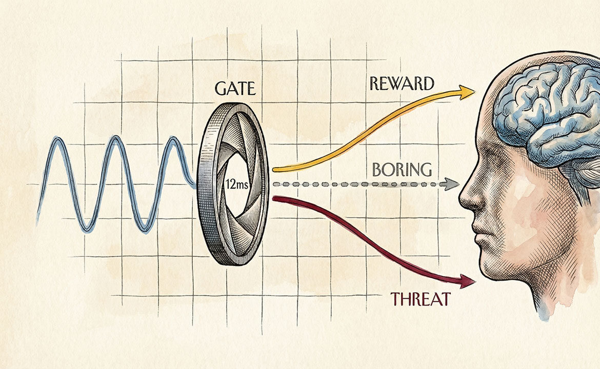 Diagram showing a brain stem filter intercepting an incoming marketing message before conscious attention forms, routing it to threat, boring, or reward