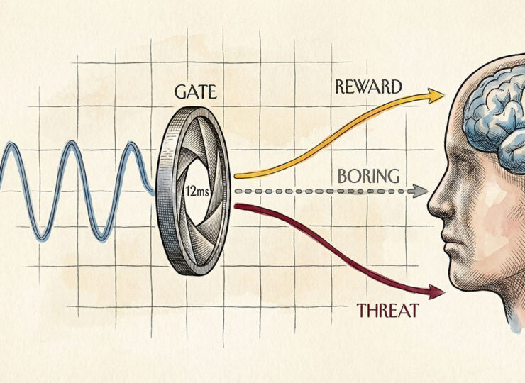 Diagram showing a brain stem filter intercepting an incoming marketing message before conscious attention forms, routing it to threat, boring, or reward