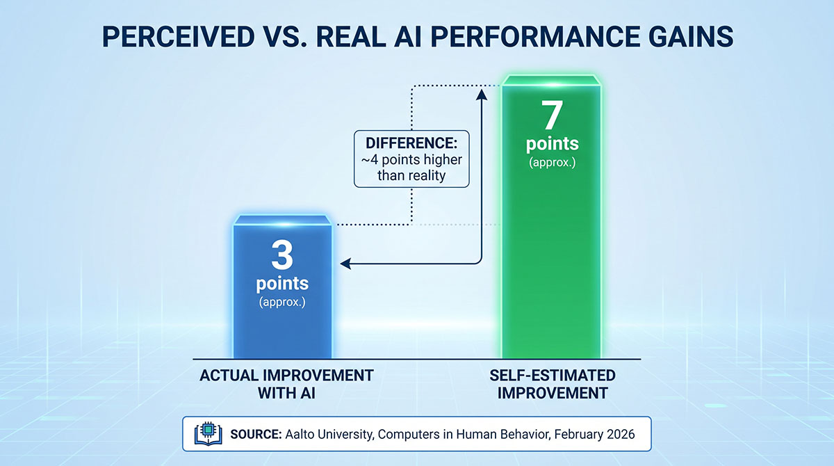 Bar chart comparing perceived and real AI performance gains. Actual improvement with AI use: about 3 points. Participants' self-estimated improvement ran about 4 points higher than their real results. Source: Aalto University, Computers in Human Behavior, February 2026.