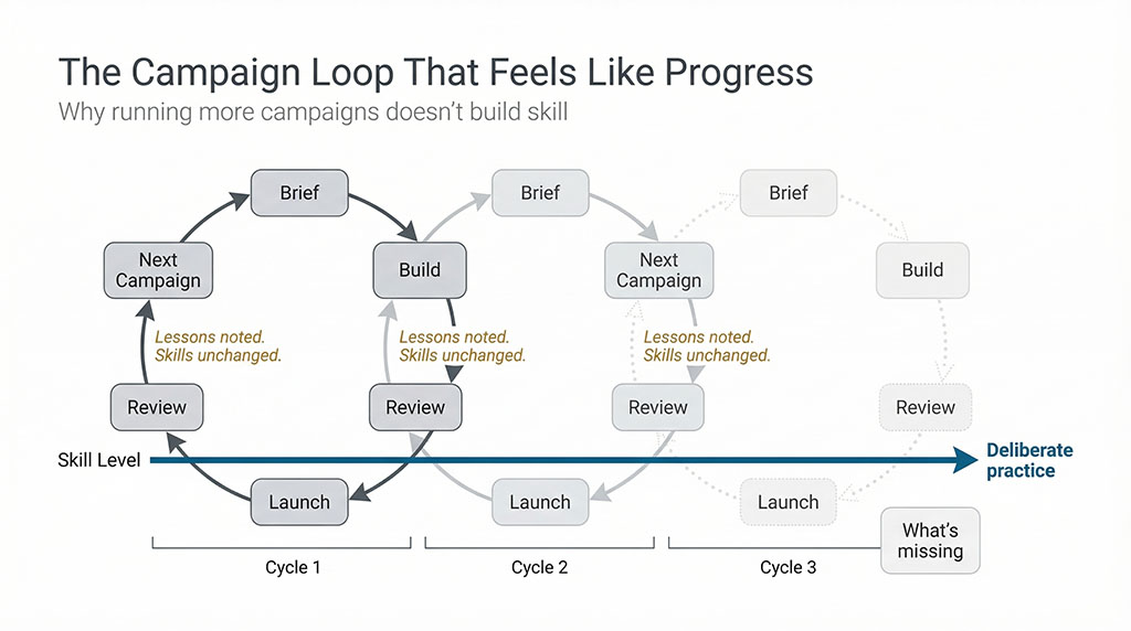 Circular diagram showing the standard campaign loop — Brief, Build, Launch, Review, repeat — with an annotation showing that skill level remains flat across multiple cycles despite ongoing activity.