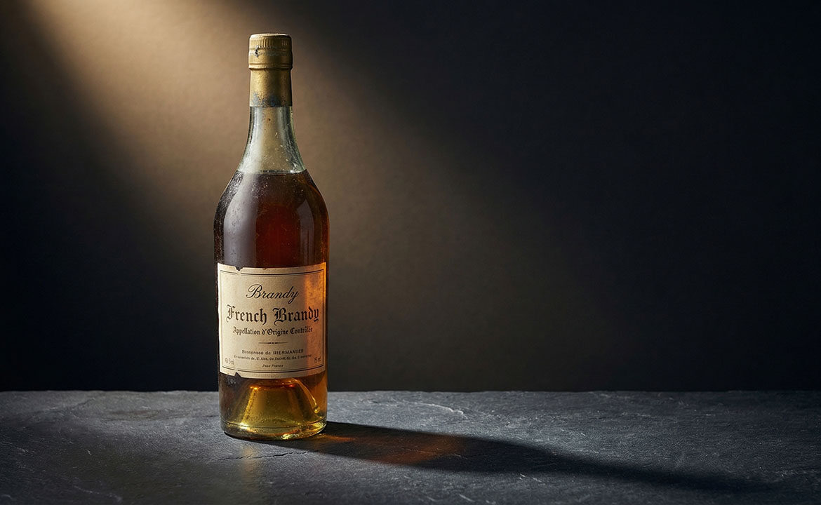A single bottle of French brandy on a bare dark surface with no surrounding context — the specific ingredient that makes a benefit believable, sitting unused