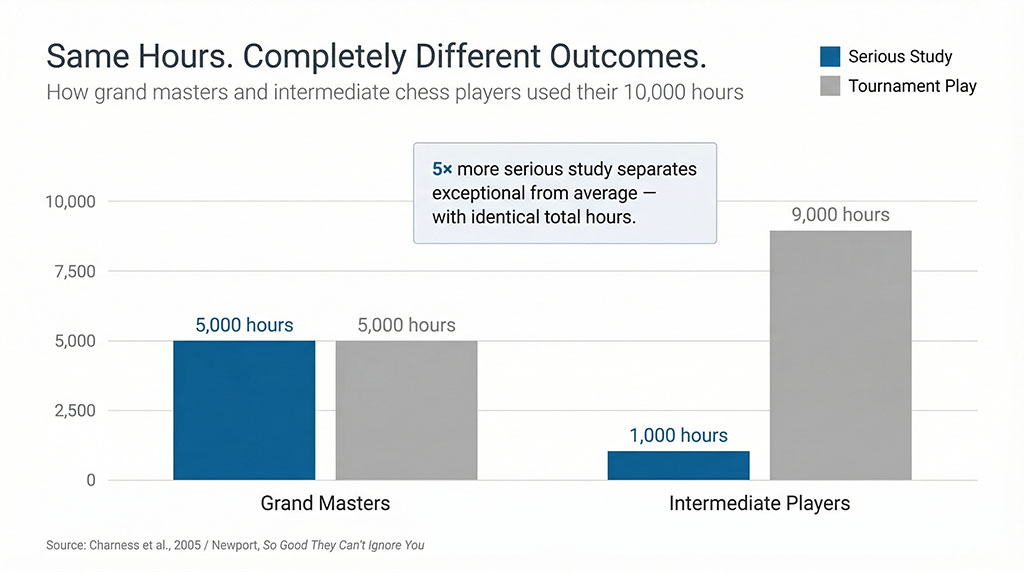 Bar chart comparing how grand master and intermediate chess players split 10,000 hours: grand masters spent 5,000 hours on serious study versus only 1,000 for intermediate players, despite equal total practice time.