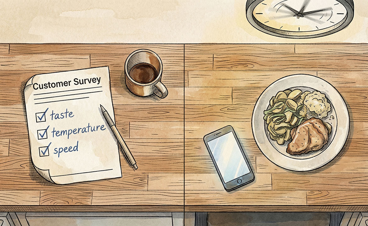 Overhead kitchen counter split in two — a neatly completed customer survey on the left, an untouched plate and clock spinning on the right, showing the gap between what customers report and the anxiety they actually experience