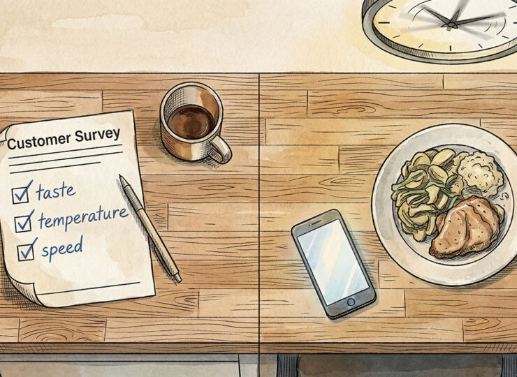 Overhead kitchen counter split in two — a neatly completed customer survey on the left, an untouched plate and clock spinning on the right, showing the gap between what customers report and the anxiety they actually experience