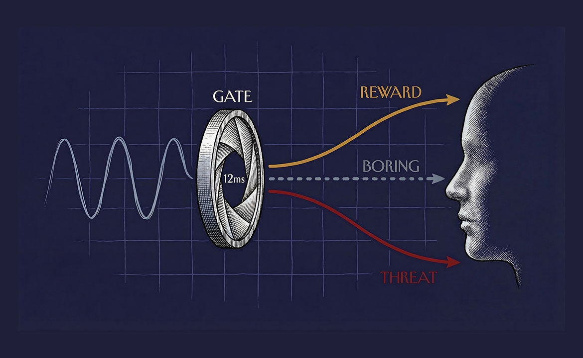 Diagram showing a brain stem filter intercepting an incoming marketing message before conscious attention forms, routing it to threat, boring, or reward