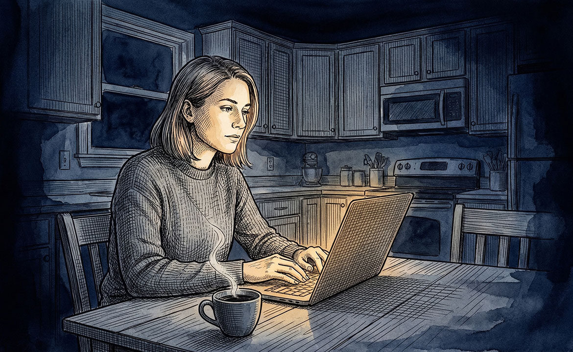 Woman at kitchen table in early morning light from a laptop screen, coffee cup beside her, reviewing marketing results that aren't moving