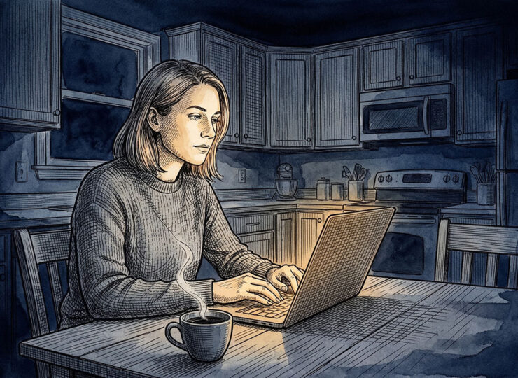Woman at kitchen table in early morning light from a laptop screen, coffee cup beside her, reviewing marketing results that aren't moving