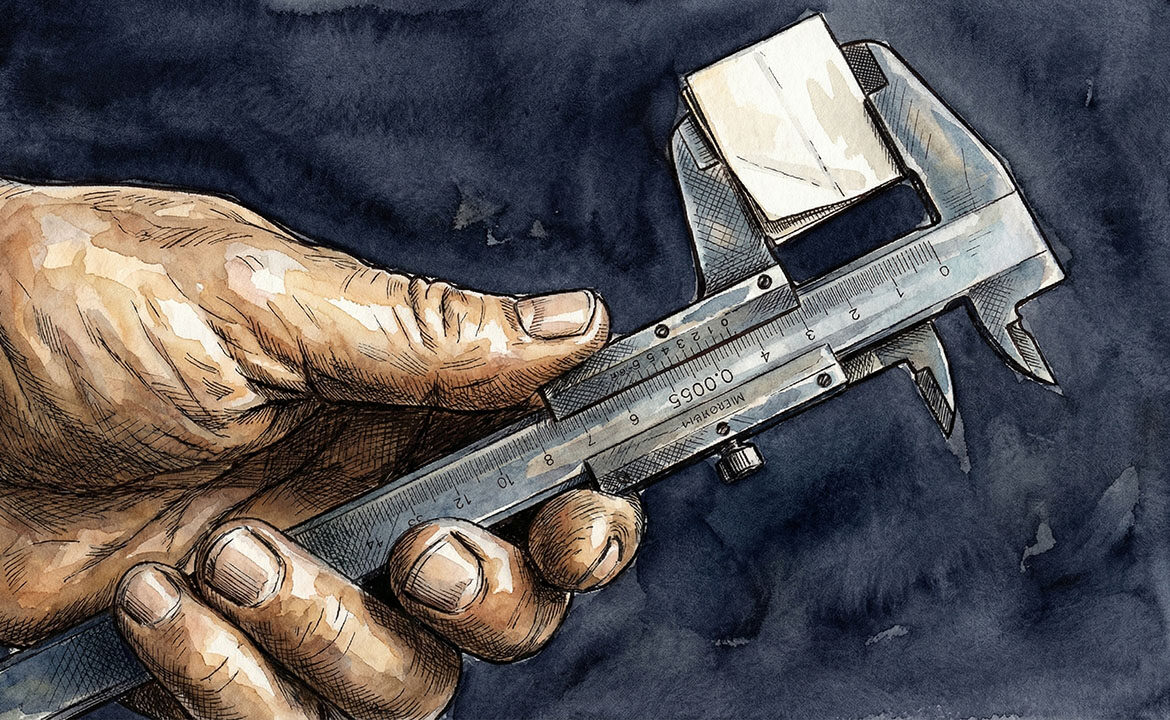 A weathered hand holding a precision micrometer caliper, its jaws closed around a folded piece of paper — the act of measuring applied to the written word.