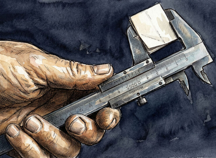 A weathered hand holding a precision micrometer caliper, its jaws closed around a folded piece of paper — the act of measuring applied to the written word.