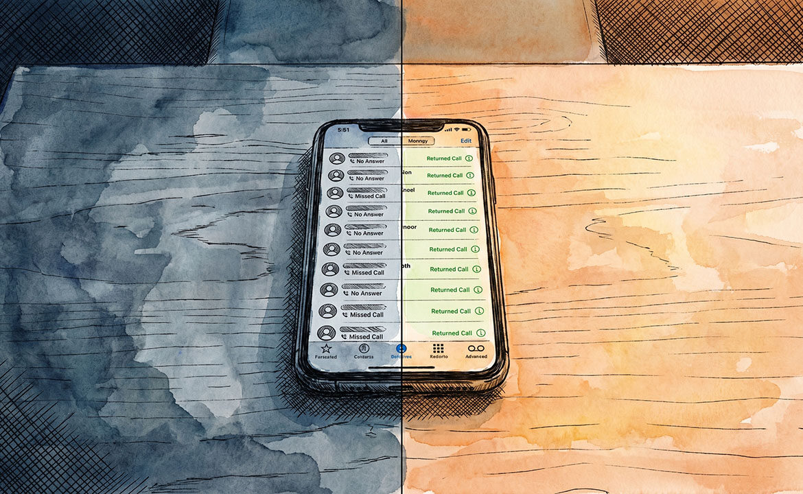 Split image of the same phone showing two outcomes — a dark screen with missed calls on the left and a lit screen with returned calls on the right