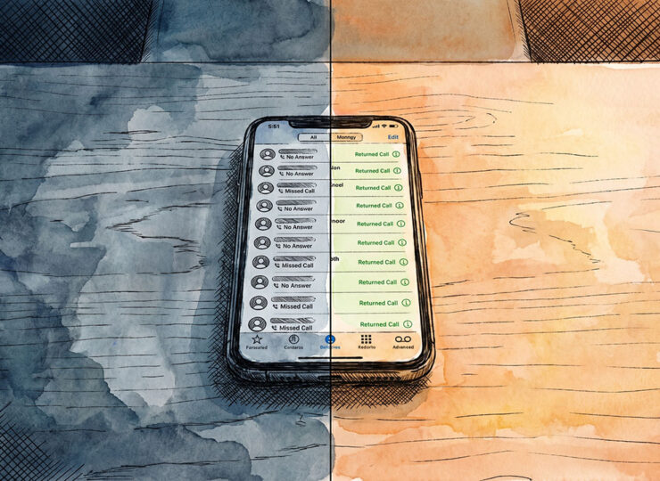Split image of the same phone showing two outcomes — a dark screen with missed calls on the left and a lit screen with returned calls on the right