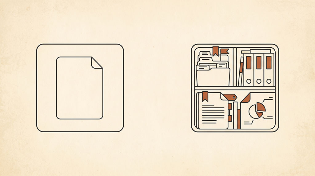Comparison table contrasting context-free AI output with contextual AI systems across five dimensions including business knowledge, reference frame, advice quality, typical output, and risk profile.