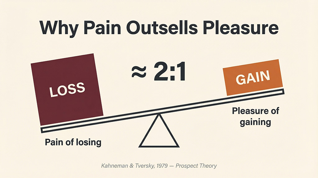 Diagram showing losses weighted approximately twice as heavily as equivalent gains, based on Kahneman and Tversky's 1979 prospect theory research.