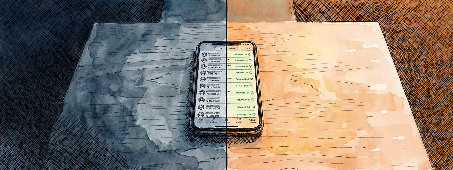 Split image of the same phone showing two outcomes — a dark screen with missed calls on the left and a lit screen with returned calls on the right