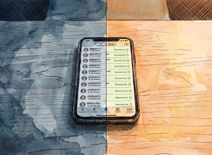 Split image of the same phone showing two outcomes — a dark screen with missed calls on the left and a lit screen with returned calls on the right