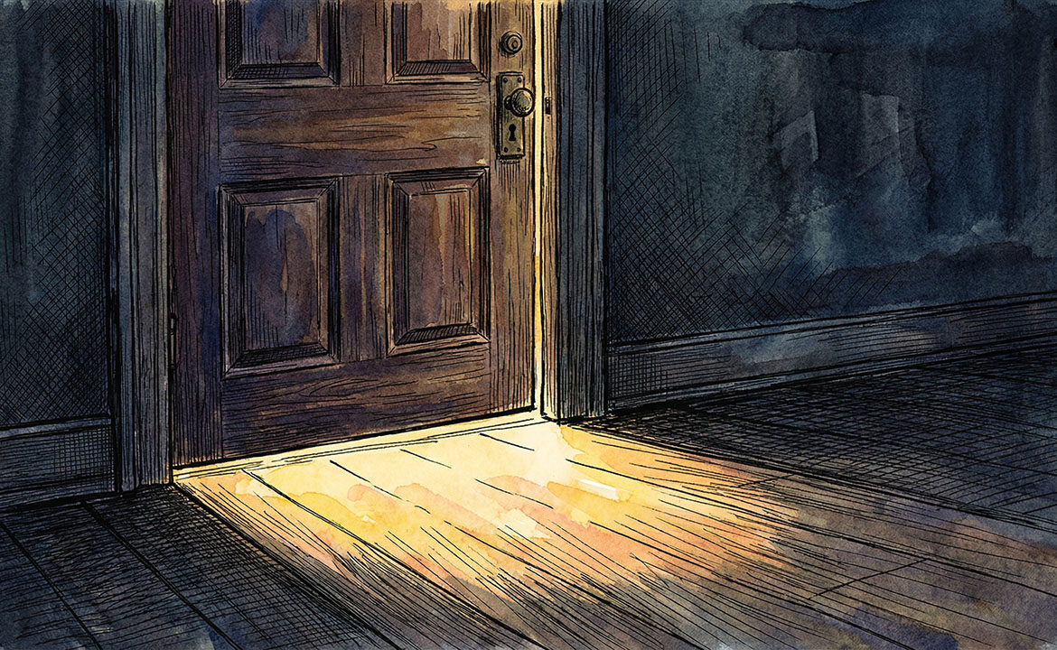 A closed front door photographed from low angle in near-darkness. A thin line of warm golden light seeps underneath it — vivid, insistent, impossible to ignore. The door is shut. The light was always there.