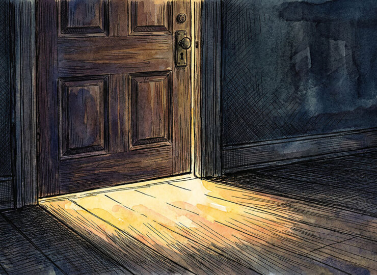 A closed front door photographed from low angle in near-darkness. A thin line of warm golden light seeps underneath it — vivid, insistent, impossible to ignore. The door is shut. The light was always there.