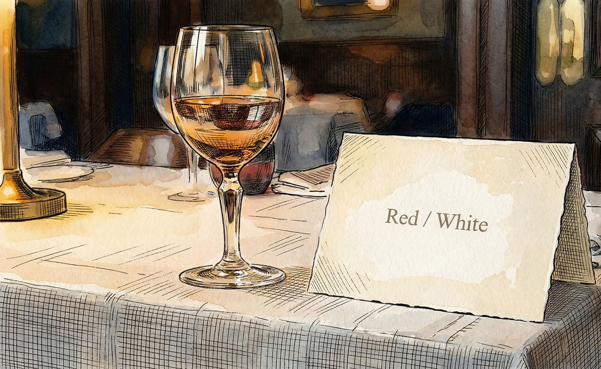 A simply set dining table with a wine glass and a menu card reading "Red or White" — the scene from Elmer Wheeler's 1937 hotel test that proved "which" outsells "if."