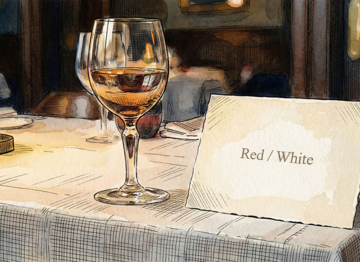 A simply set dining table with a wine glass and a menu card reading "Red or White" — the scene from Elmer Wheeler's 1937 hotel test that proved "which" outsells "if."