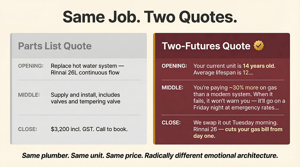 Side-by-side comparison of two plumbing quotes for the same hot water system replacement — one listing parts and price, the other framing two futures with specific cost and risk details.