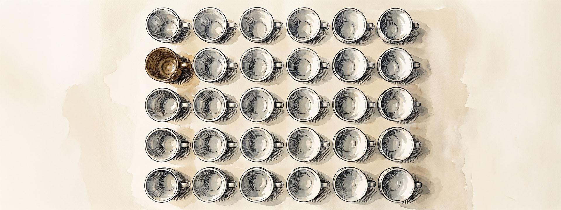 Overhead photograph of identical mass-produced white coffee cups arranged in a grid, with a single handmade ceramic cup breaking the pattern — representing the distinctiveness AI homogenisation tends to strip away.